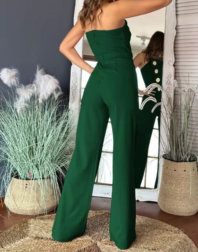 Elegant Asymmetrical Bandeau Strapless Metal Button Decor Casual Long Jumpsuits Mssza