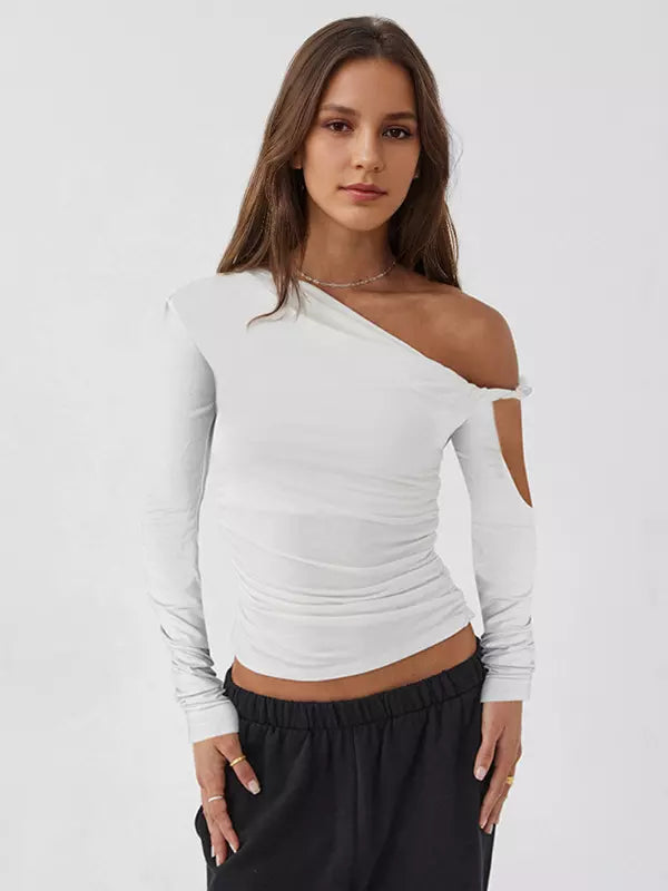 Elegant Asymmetrical One-Shoulder Ruched Long Sleeve T-shirt Mssza