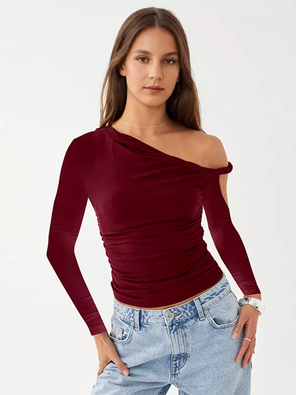 Elegant Asymmetrical One-Shoulder Ruched Long Sleeve T-shirt Mssza
