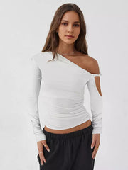 Elegant Asymmetrical One-Shoulder Ruched Long Sleeve T-shirt Mssza