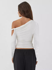 Elegant Asymmetrical One-Shoulder Ruched Long Sleeve T-shirt Mssza