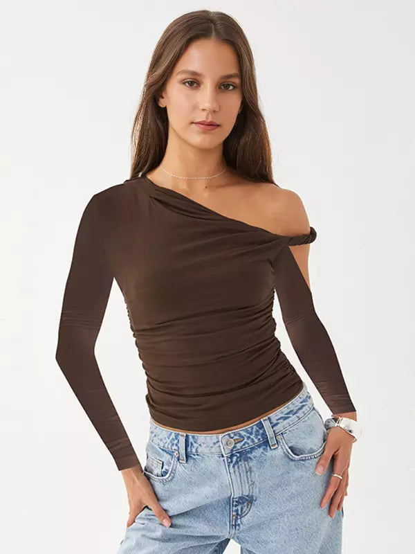 Elegant Asymmetrical One-Shoulder Ruched Long Sleeve T-shirt Mssza