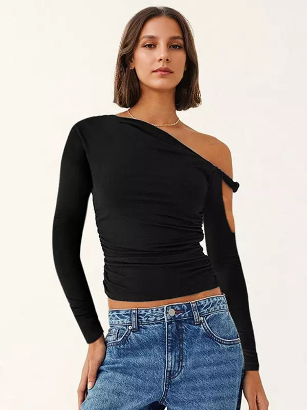 Elegant Asymmetrical One-Shoulder Ruched Long Sleeve T-shirt Mssza