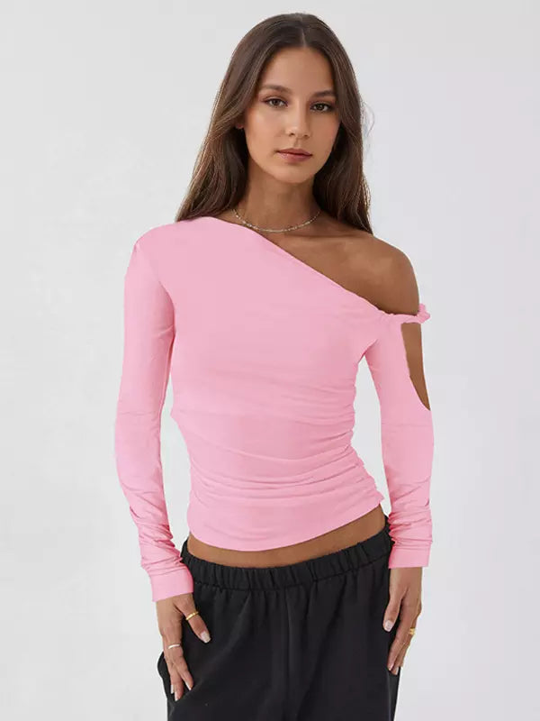 Elegant Asymmetrical One-Shoulder Ruched Long Sleeve T-shirt Mssza