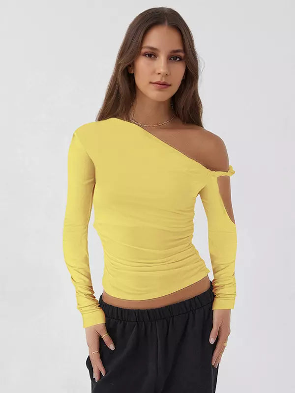 Elegant Asymmetrical One-Shoulder Ruched Long Sleeve T-shirt Mssza
