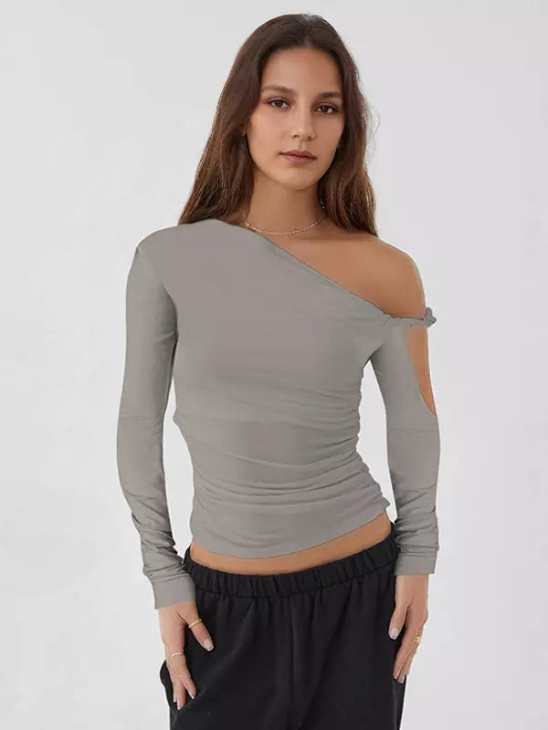 Elegant Asymmetrical One-Shoulder Ruched Long Sleeve T-shirt Mssza