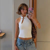 Elegant Asymmetrical Solid Retro Stand Collar Sleeveless Cut Out T-shirt Mssza