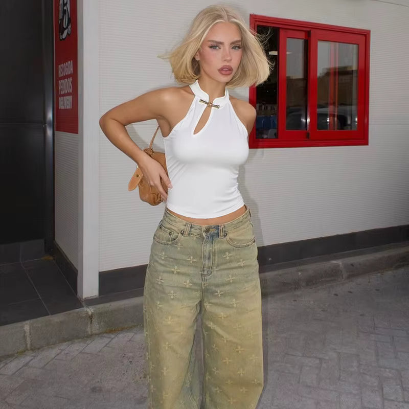 Elegant Asymmetrical Solid Retro Stand Collar Sleeveless Cut Out T-shirt Mssza