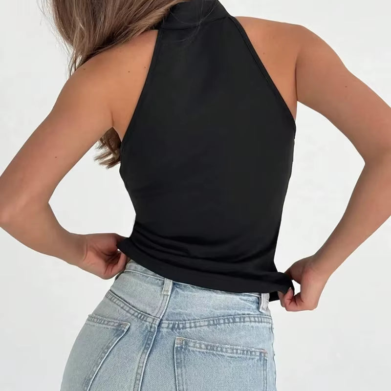 Elegant Asymmetrical Solid Retro Stand Collar Sleeveless Cut Out T-shirt Mssza