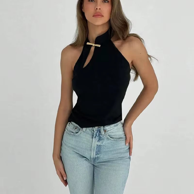 Elegant Asymmetrical Solid Retro Stand Collar Sleeveless Cut Out T-shirt Mssza