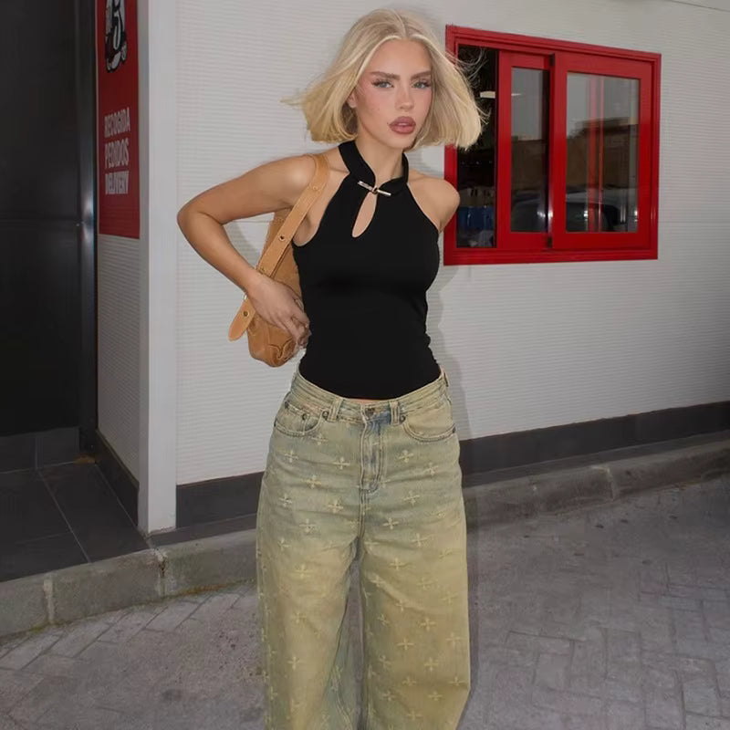 Elegant Asymmetrical Solid Retro Stand Collar Sleeveless Cut Out T-shirt Mssza