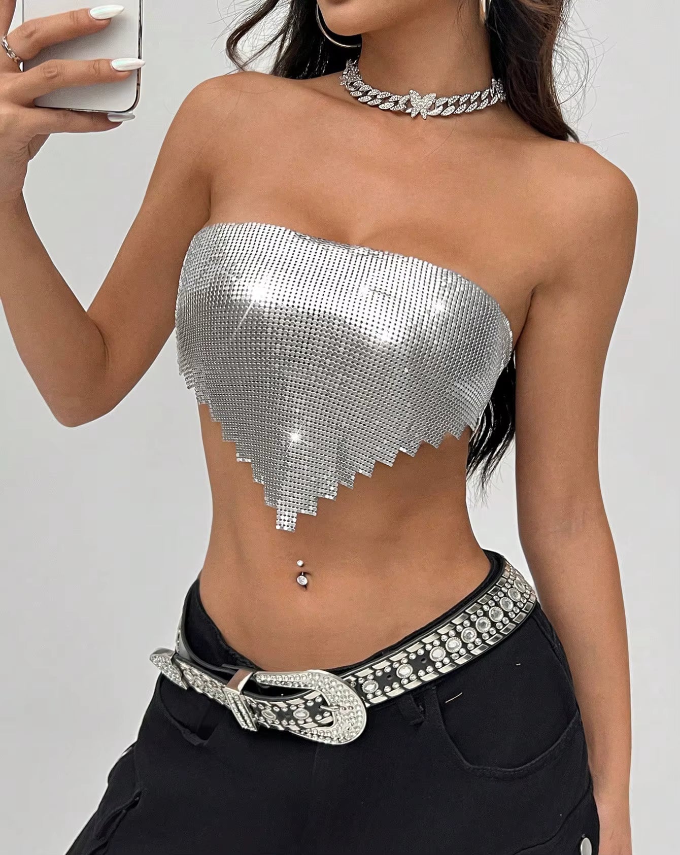 Elegant Backless Bandage Chic Metal Sequins Sleeveless Strapless Crop Top Mssza