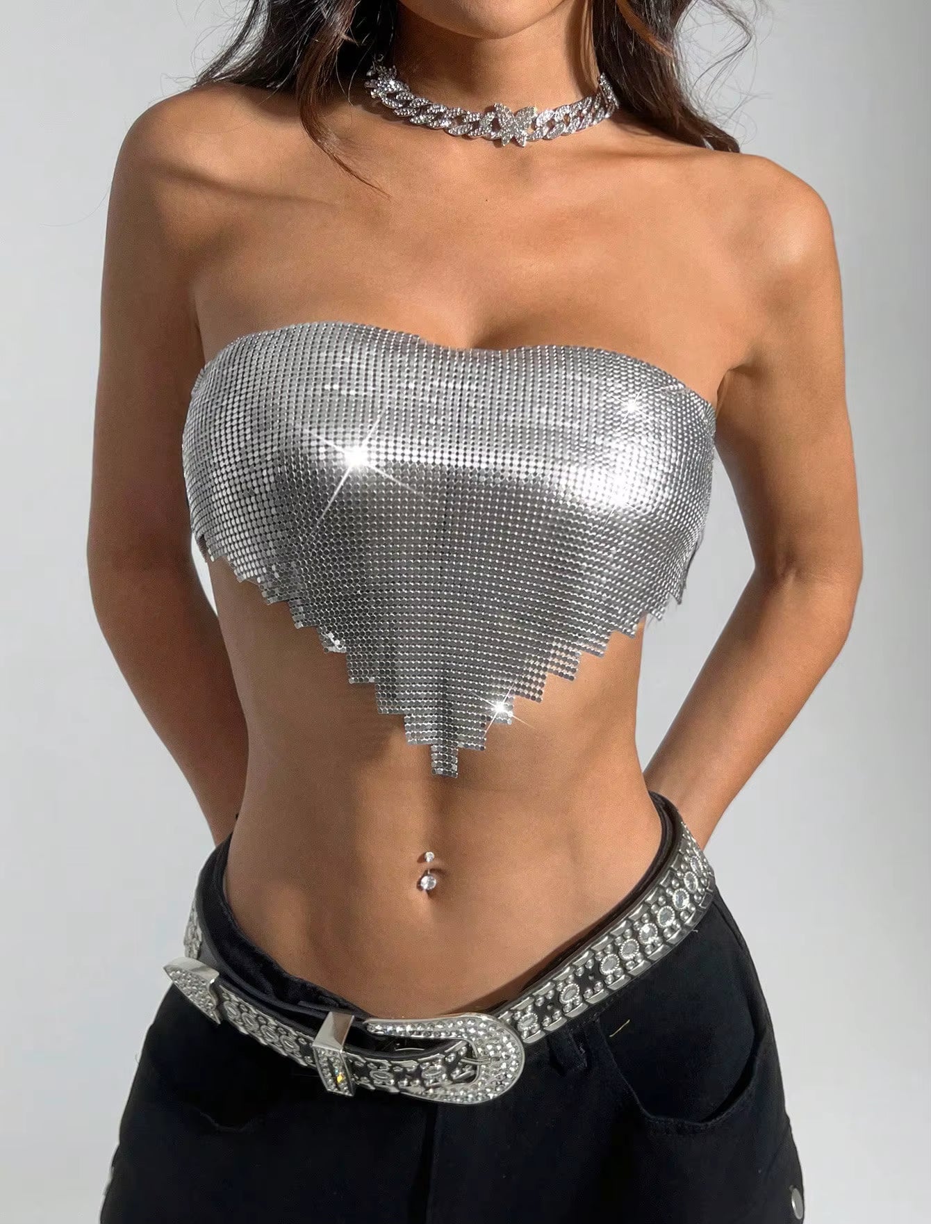 Elegant Backless Bandage Chic Metal Sequins Sleeveless Strapless Crop Top Mssza