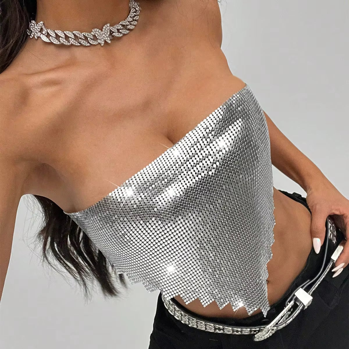 Elegant Backless Bandage Chic Metal Sequins Sleeveless Strapless Crop Top Mssza