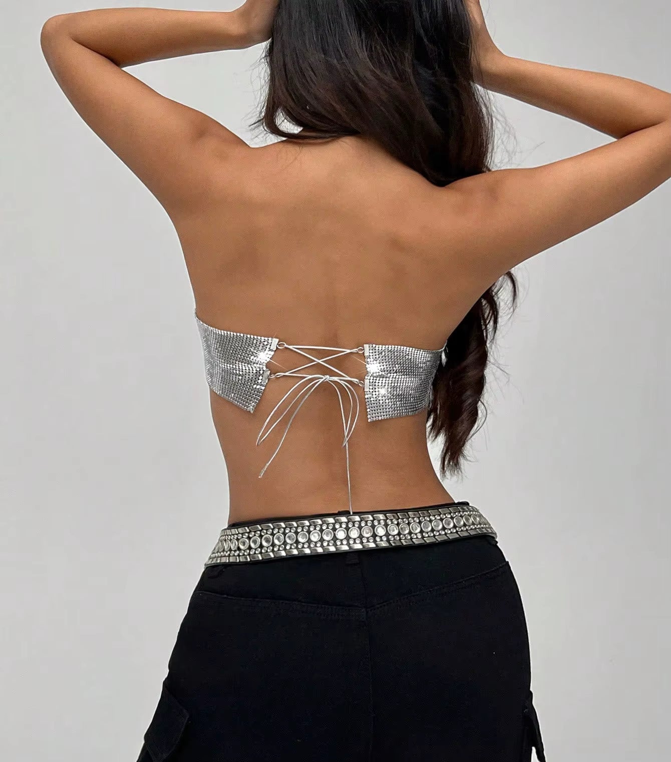 Elegant Backless Bandage Chic Metal Sequins Sleeveless Strapless Crop Top Mssza