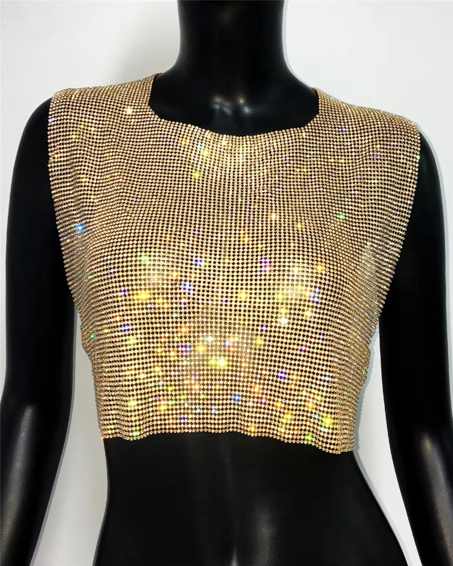 Elegant Backless Round Neck Metal Sequins Crop Top Mssza