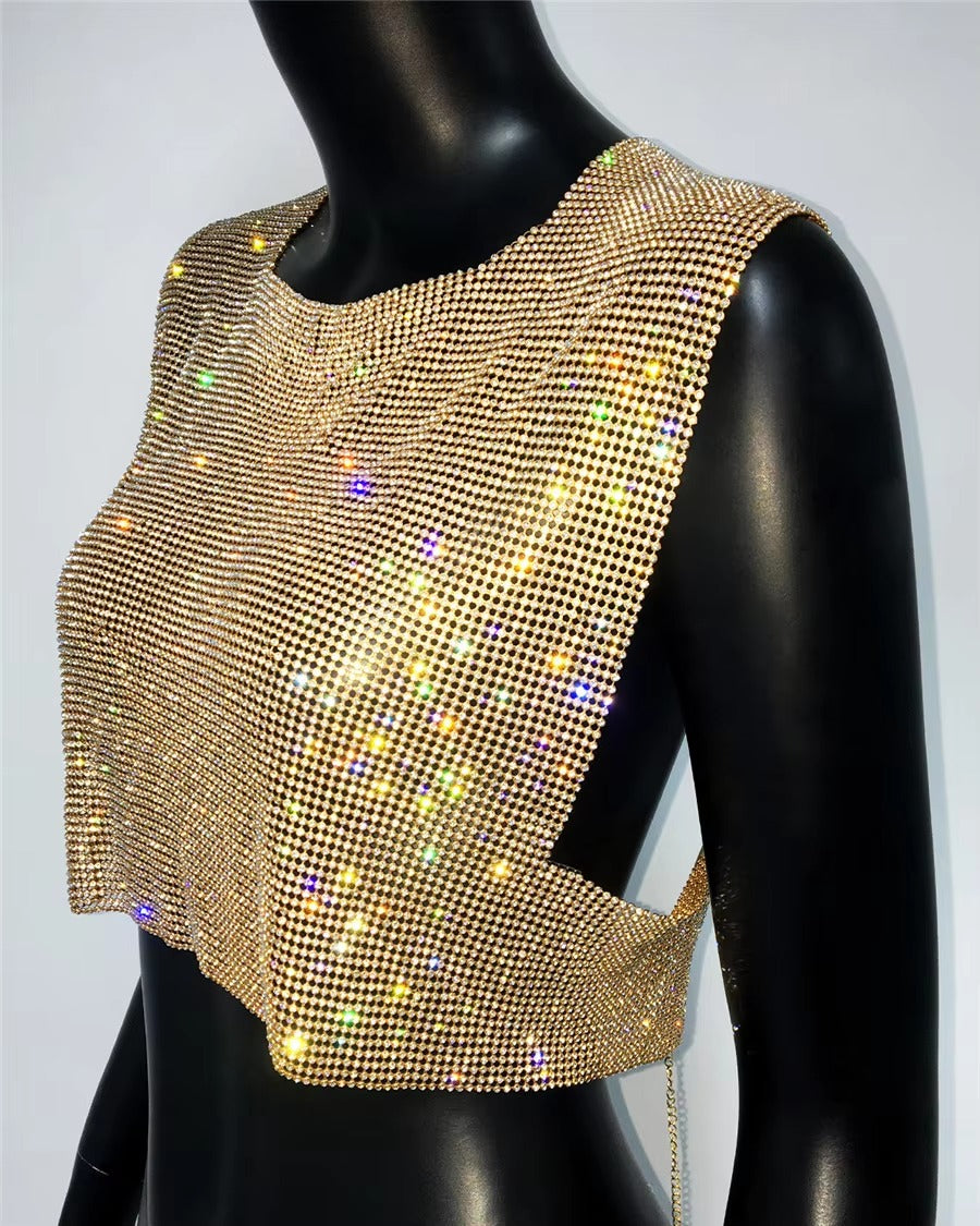 Elegant Backless Round Neck Metal Sequins Crop Top Mssza