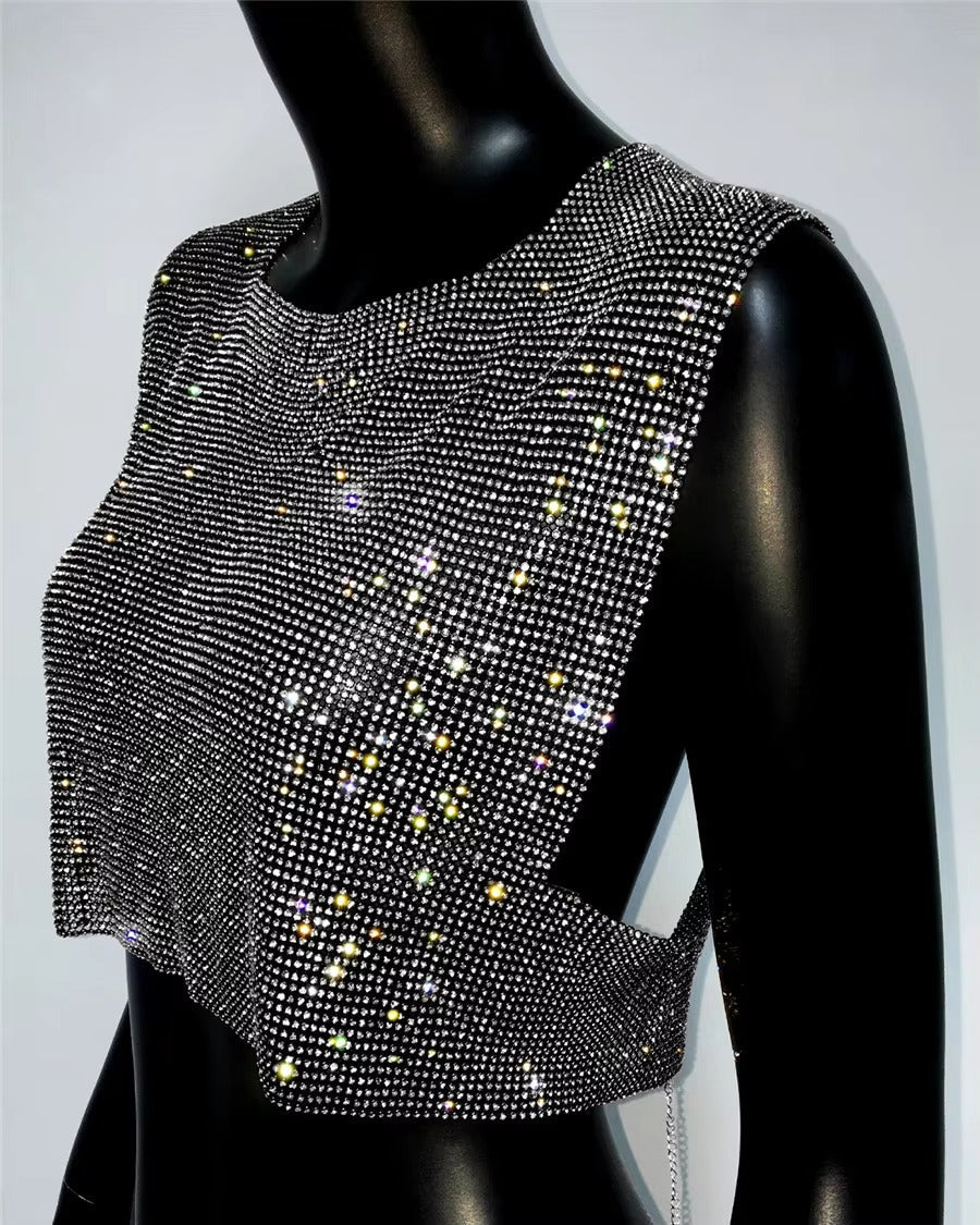 Elegant Backless Round Neck Metal Sequins Crop Top Mssza