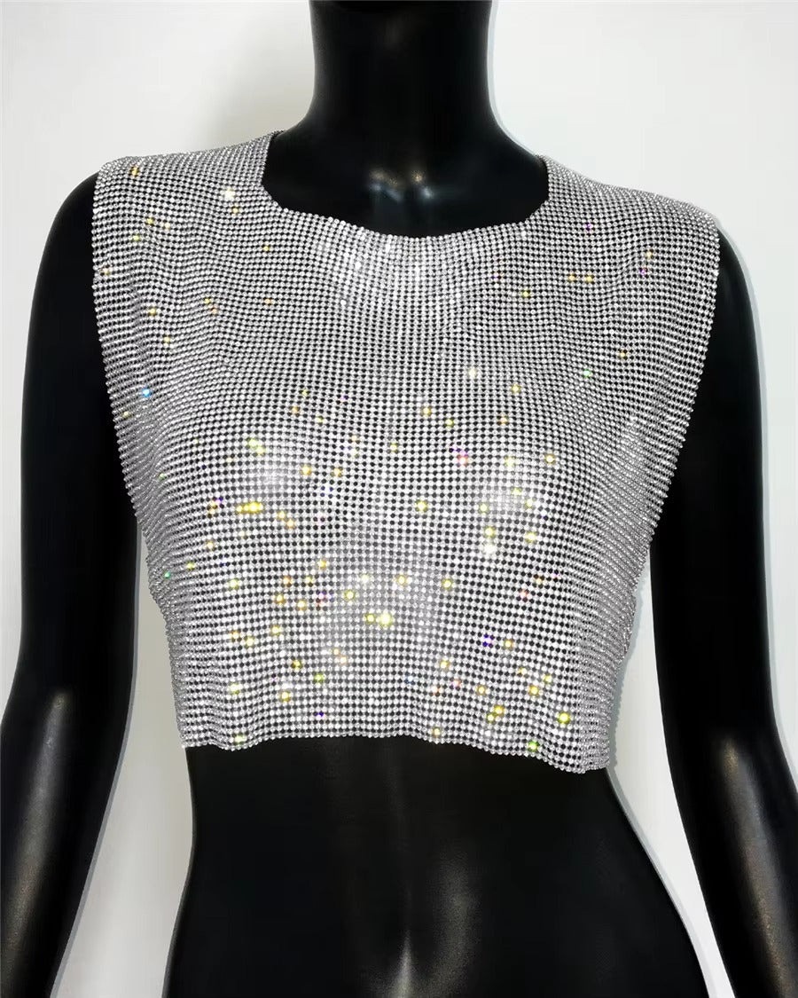 Elegant Backless Round Neck Metal Sequins Crop Top Mssza