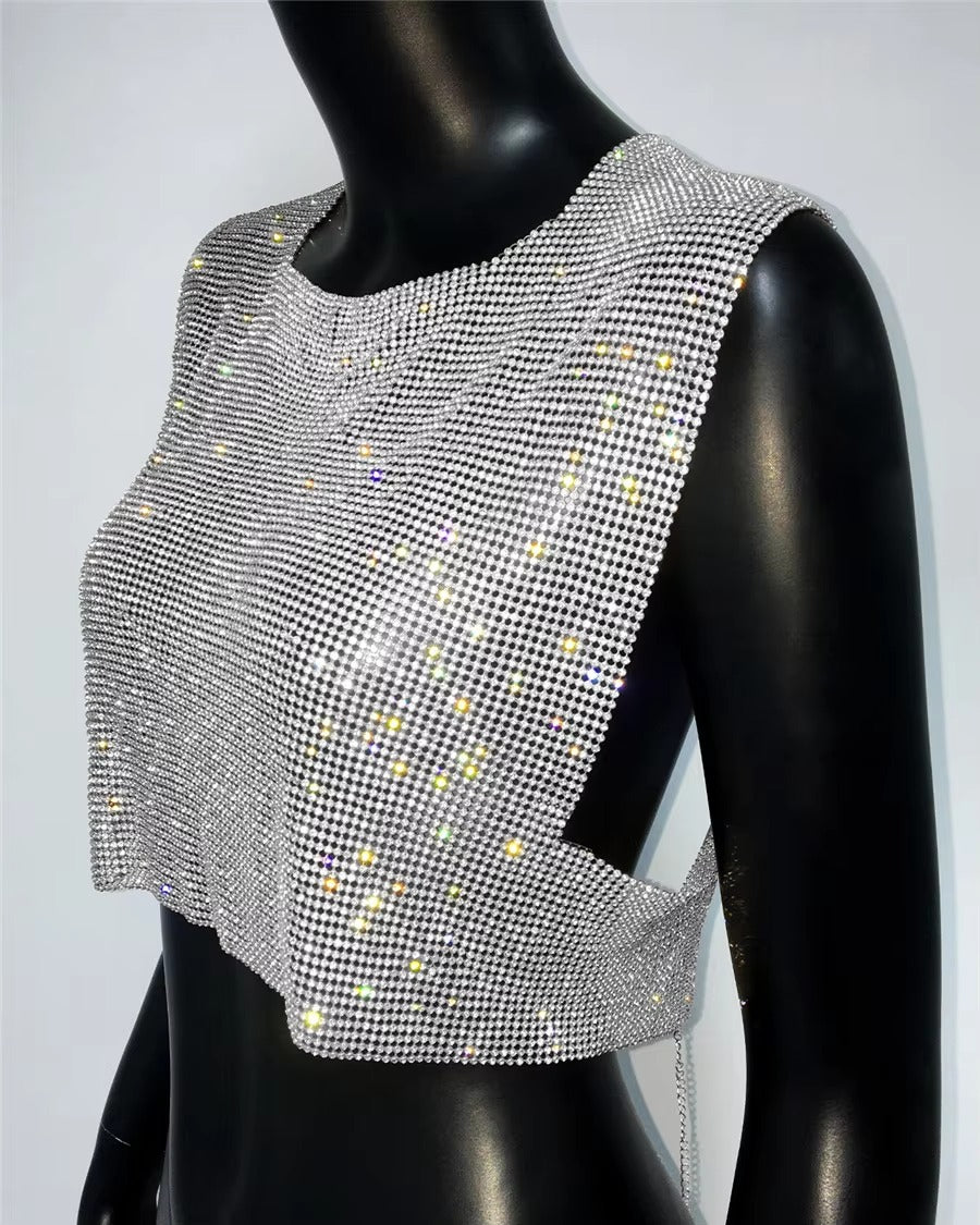 Elegant Backless Round Neck Metal Sequins Crop Top Mssza