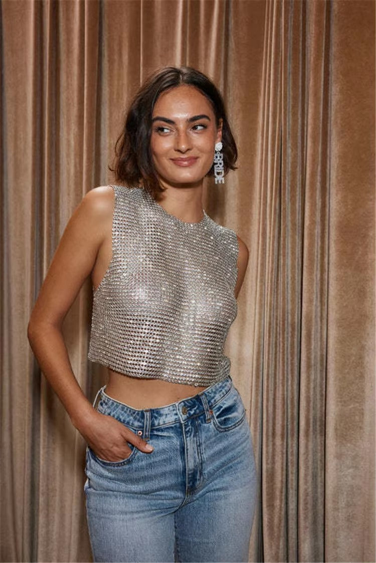 Elegant Backless Round Neck Metal Sequins Crop Top Mssza