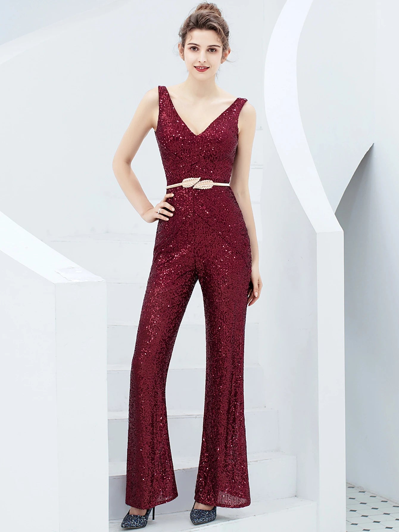 Elegant Backless Sequin Jumpsuit One Piece Birthday Party Outfits Mssza