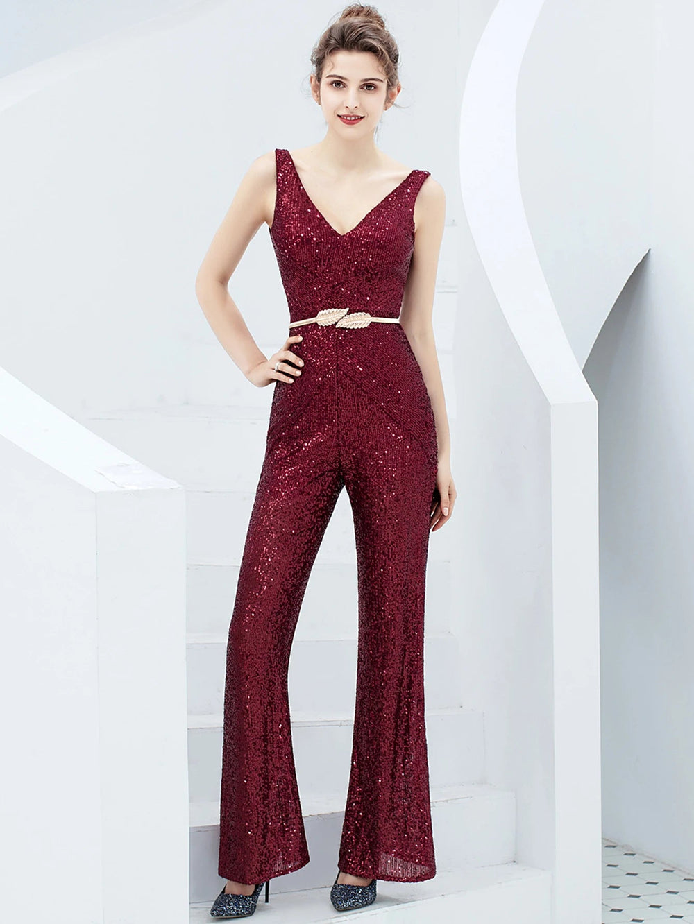 Elegant Backless Sequin Jumpsuit One Piece Birthday Party Outfits Mssza