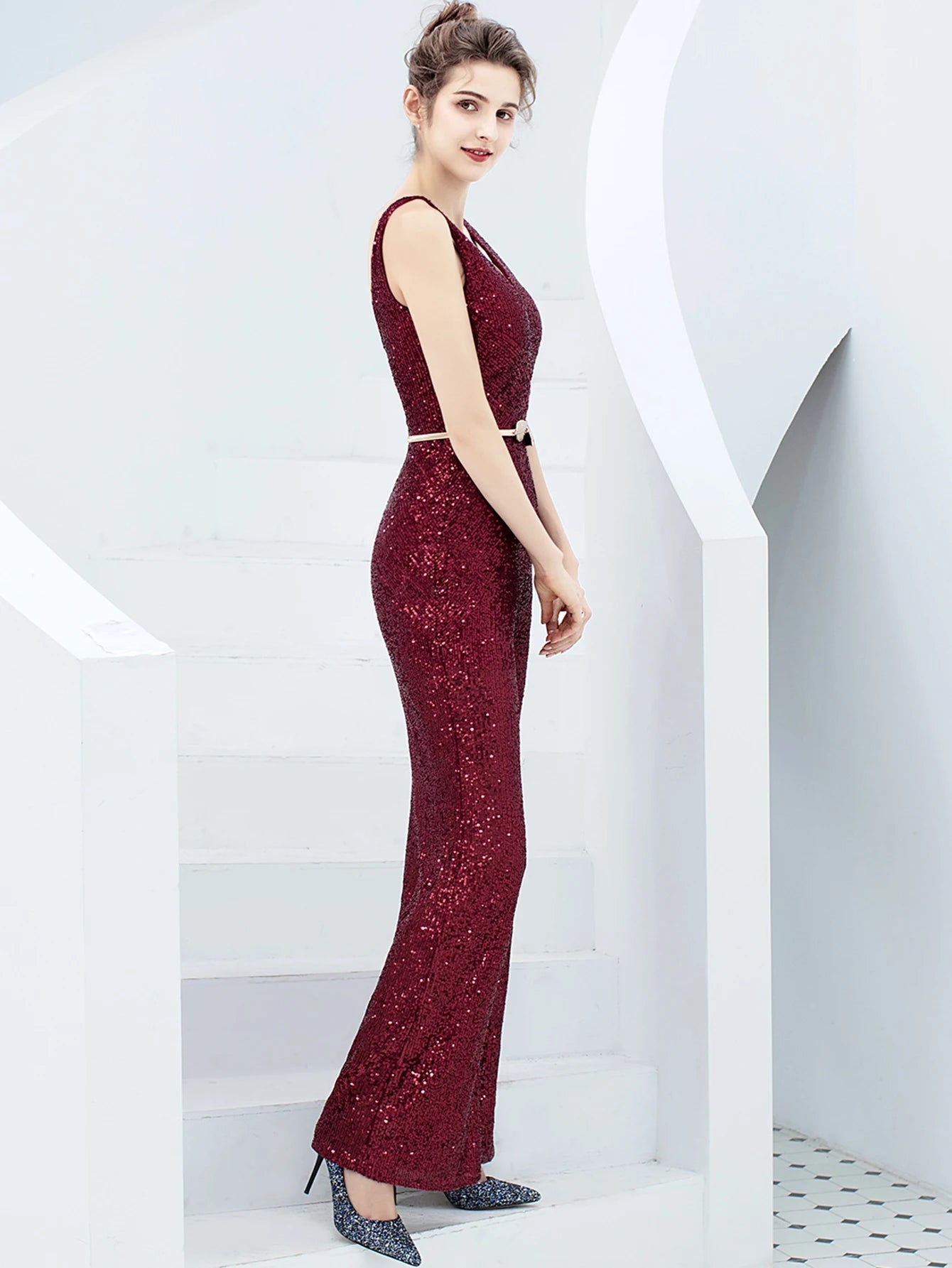 Elegant Backless Sequin Jumpsuit One Piece Birthday Party Outfits Mssza