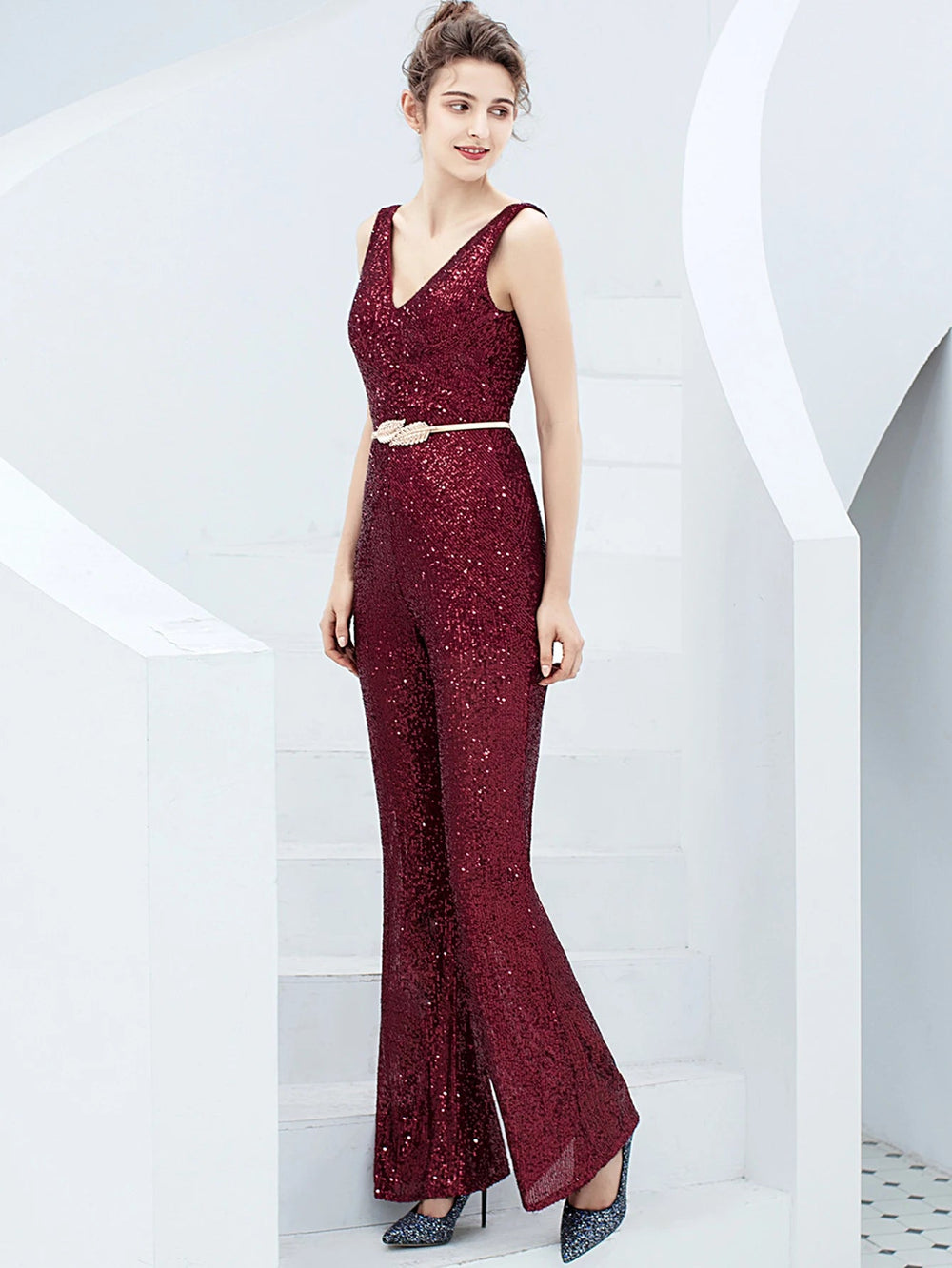 Elegant Backless Sequin Jumpsuit One Piece Birthday Party Outfits Mssza