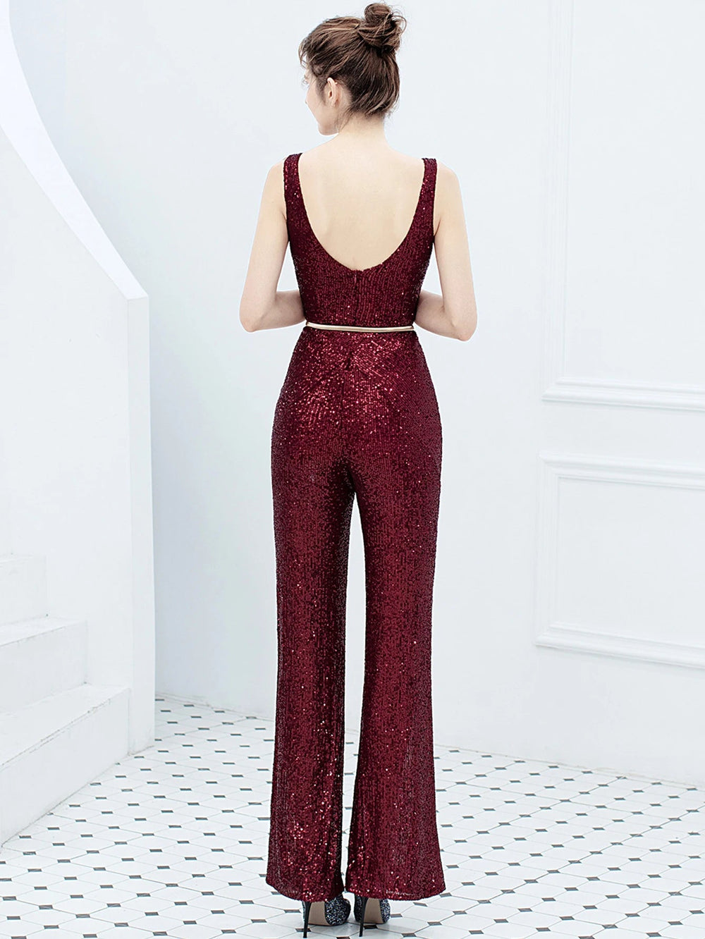 Elegant Backless Sequin Jumpsuit One Piece Birthday Party Outfits Mssza