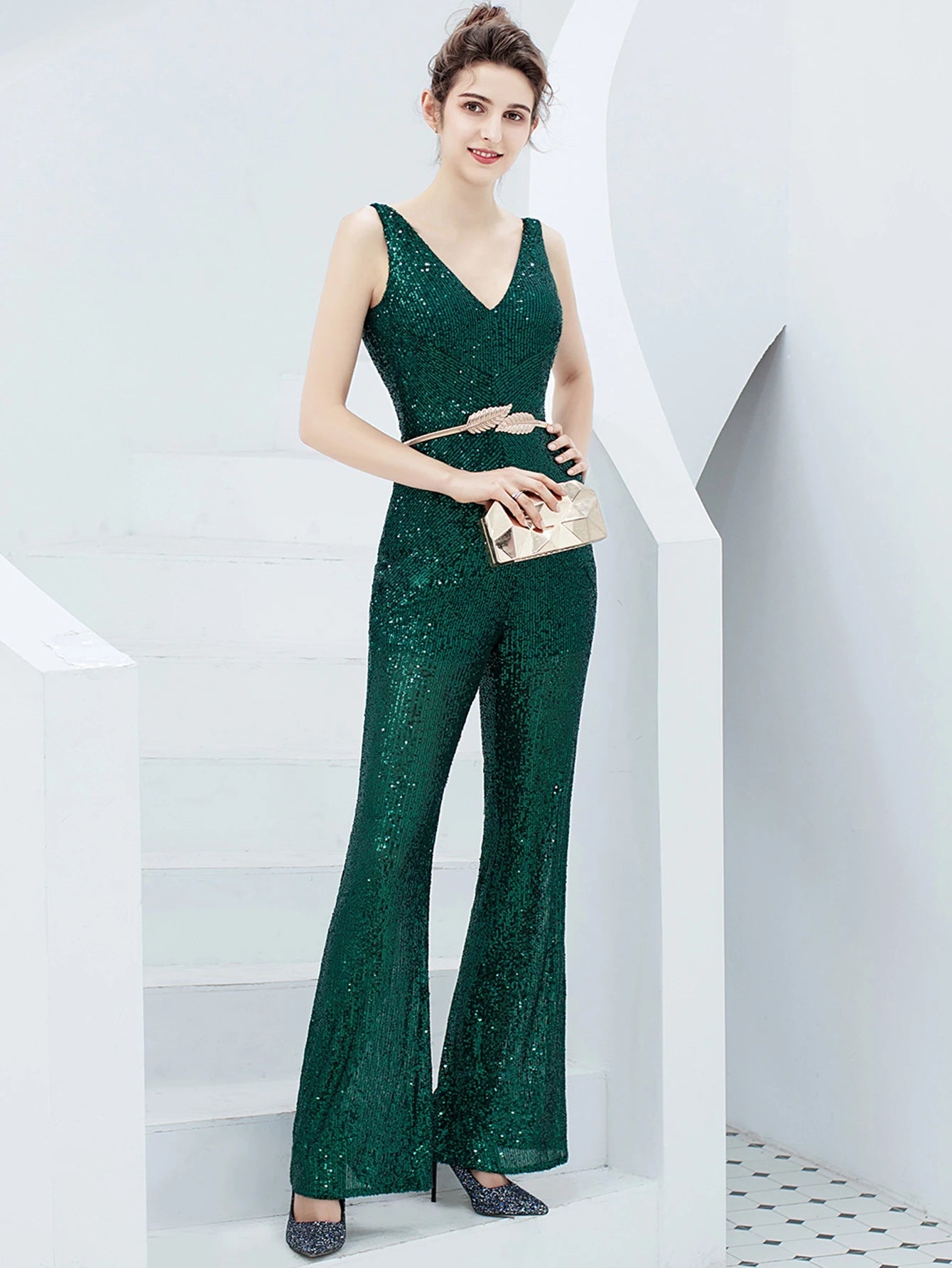 Elegant Backless Sequin Jumpsuit One Piece Birthday Party Outfits Mssza