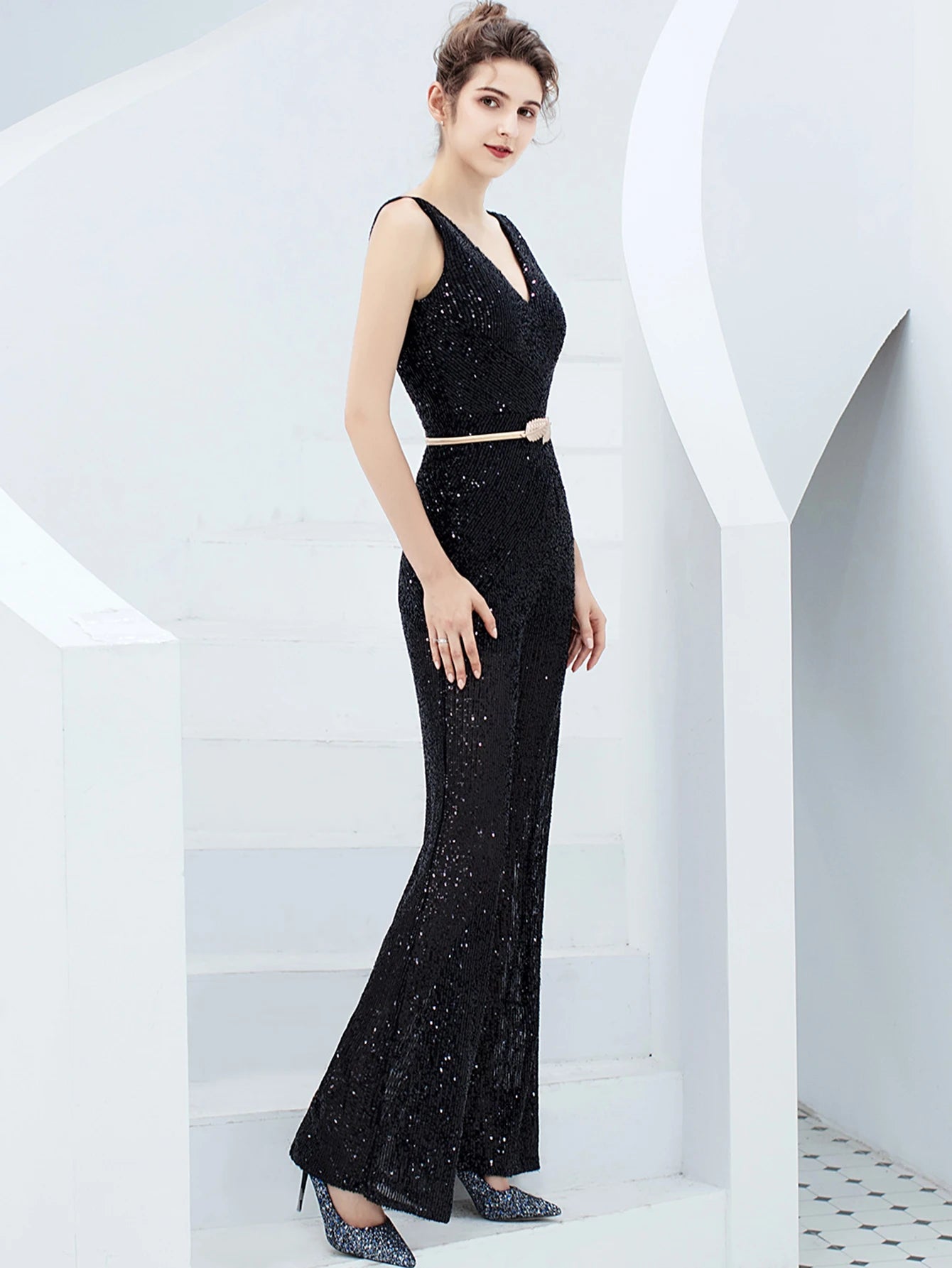 Elegant Backless Sequin Jumpsuit One Piece Birthday Party Outfits Mssza