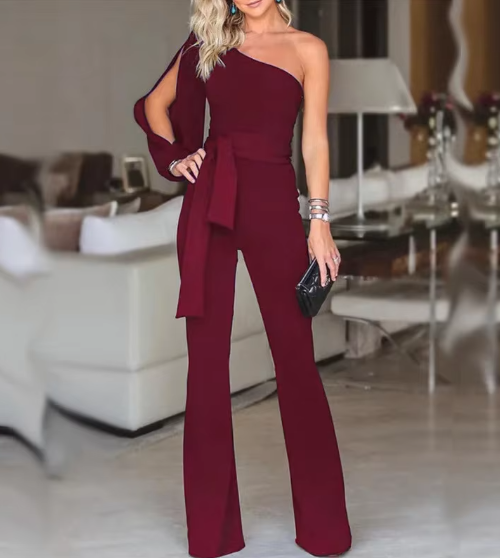 Elegant Banquet High Waist Tie Up Solid Color Slant Shoulder Jumpsuit Mssza