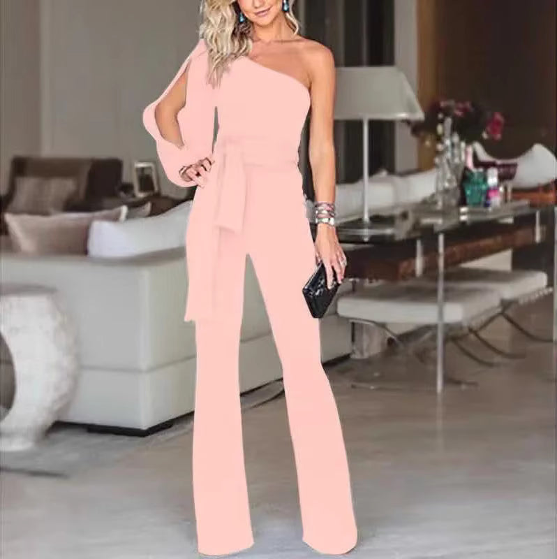 Elegant Banquet High Waist Tie Up Solid Color Slant Shoulder Jumpsuit Mssza