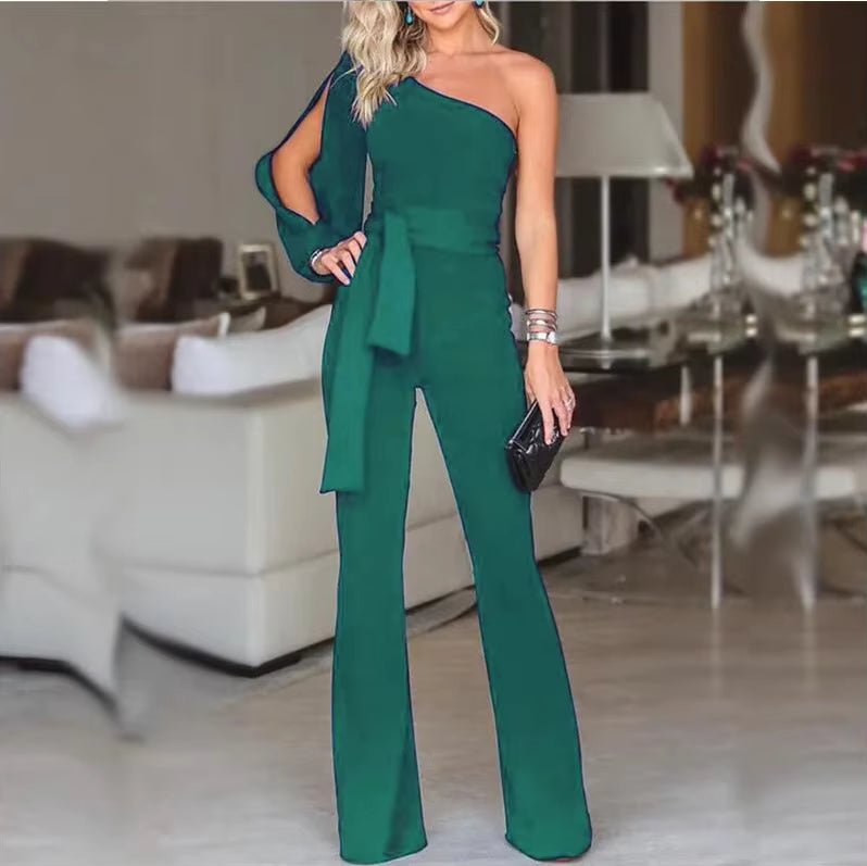 Elegant Banquet High Waist Tie Up Solid Color Slant Shoulder Jumpsuit Mssza