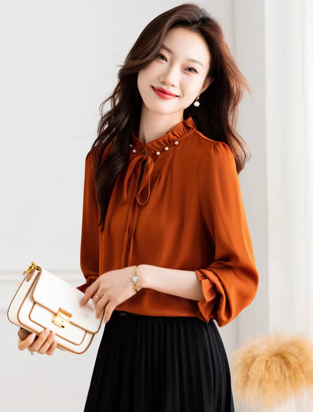 Elegant Beaded Long Sleeve Lace up Wooden Ear Collar Satin Blouse Tops Mssza