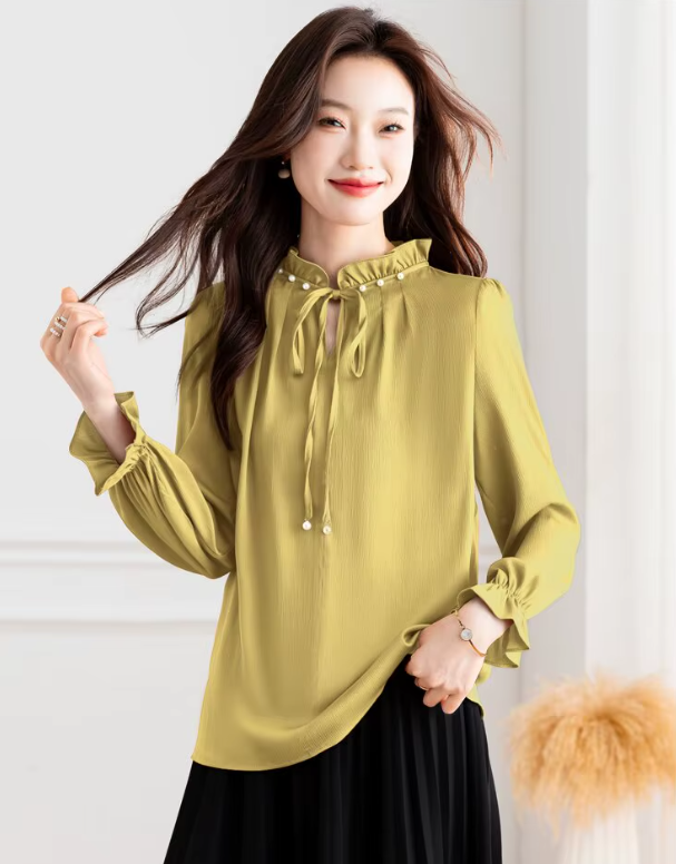 Elegant Beaded Long Sleeve Lace up Wooden Ear Collar Satin Blouse Tops Mssza