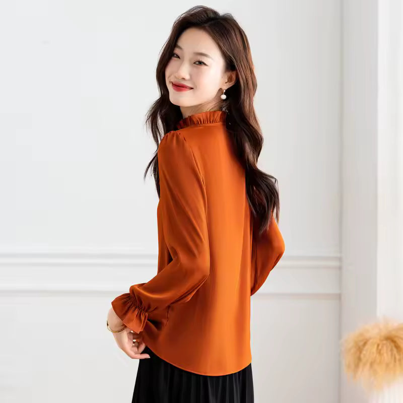 Elegant Beaded Long Sleeve Lace up Wooden Ear Collar Satin Blouse Tops Mssza