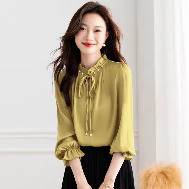 Elegant Beaded Long Sleeve Lace up Wooden Ear Collar Satin Blouse Tops Mssza
