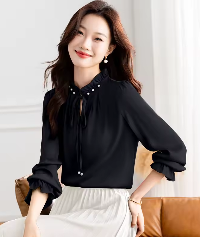Elegant Beaded Long Sleeve Lace up Wooden Ear Collar Satin Blouse Tops Mssza