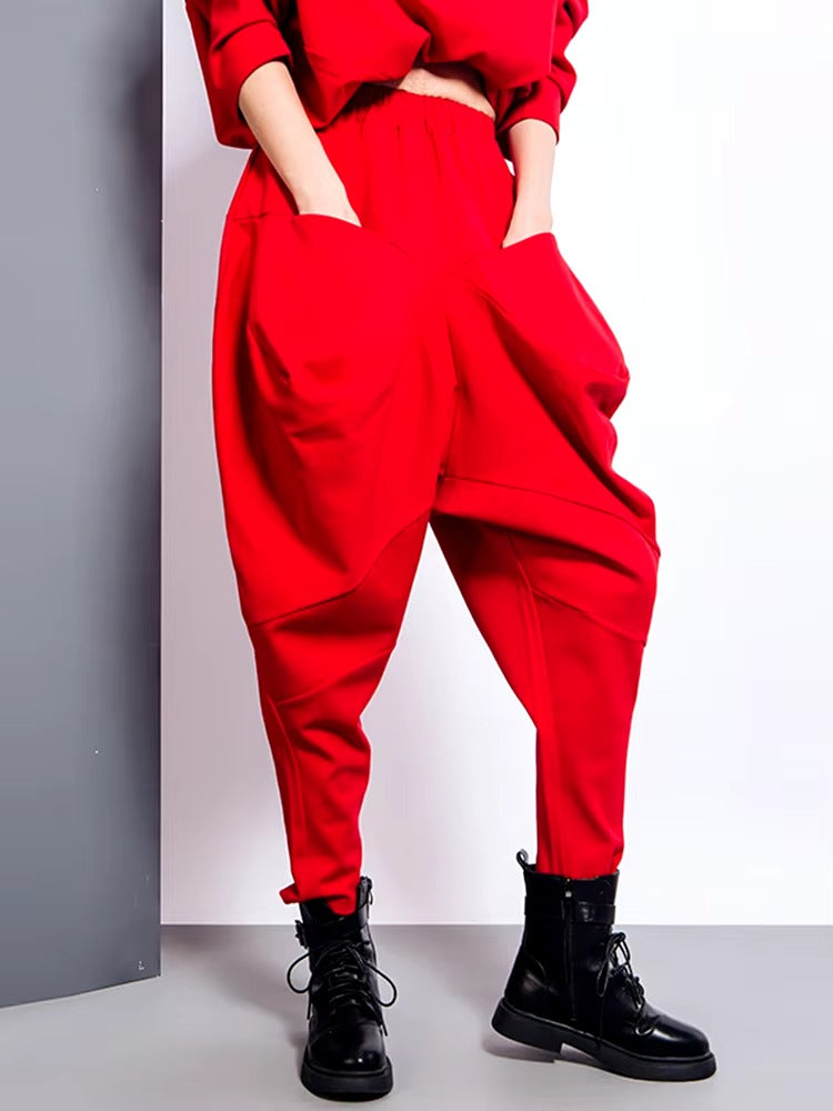 Elegant Big Pockets Spliced Irregular High Waist Trousers Loose Fit Pants Mssza