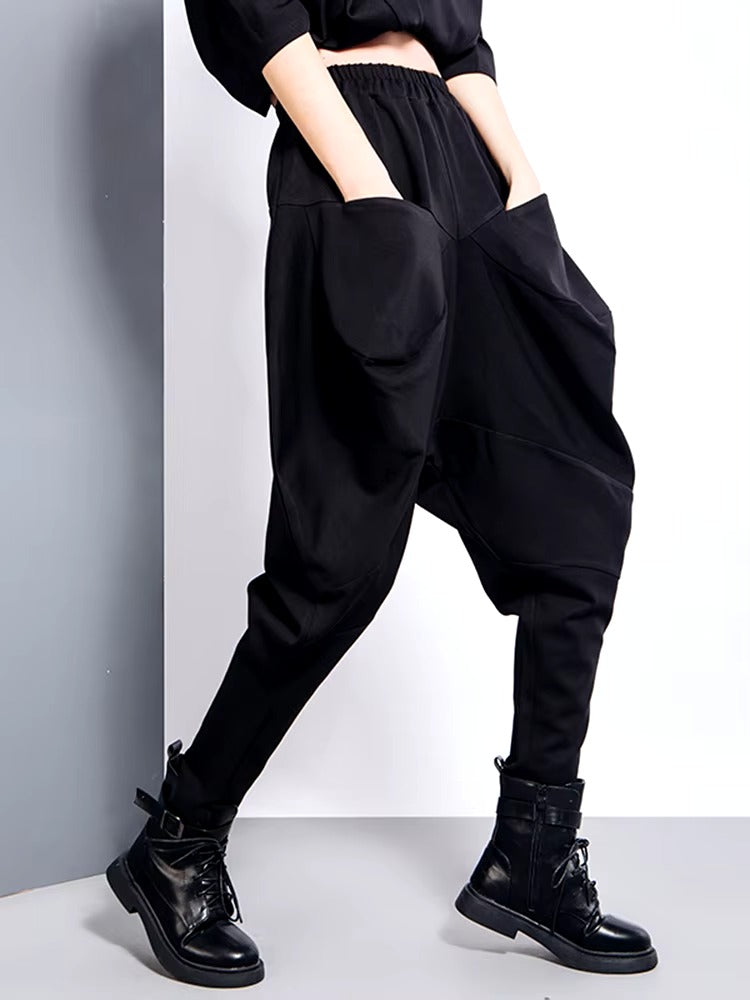 Elegant Big Pockets Spliced Irregular High Waist Trousers Loose Fit Pants Mssza