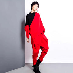 Elegant Big Pockets Spliced Irregular High Waist Trousers Loose Fit Pants Mssza