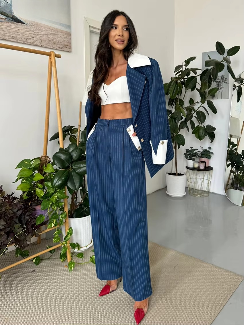 Formal Stripe Blazer And Patchwork Trousers 2 Pieces Set Mssza