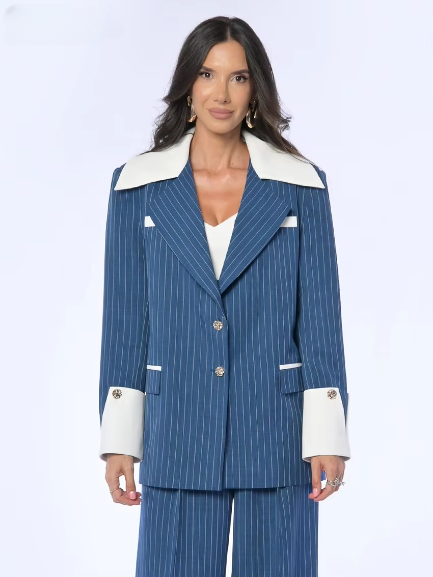 Formal Stripe Blazer And Patchwork Trousers 2 Pieces Set Mssza