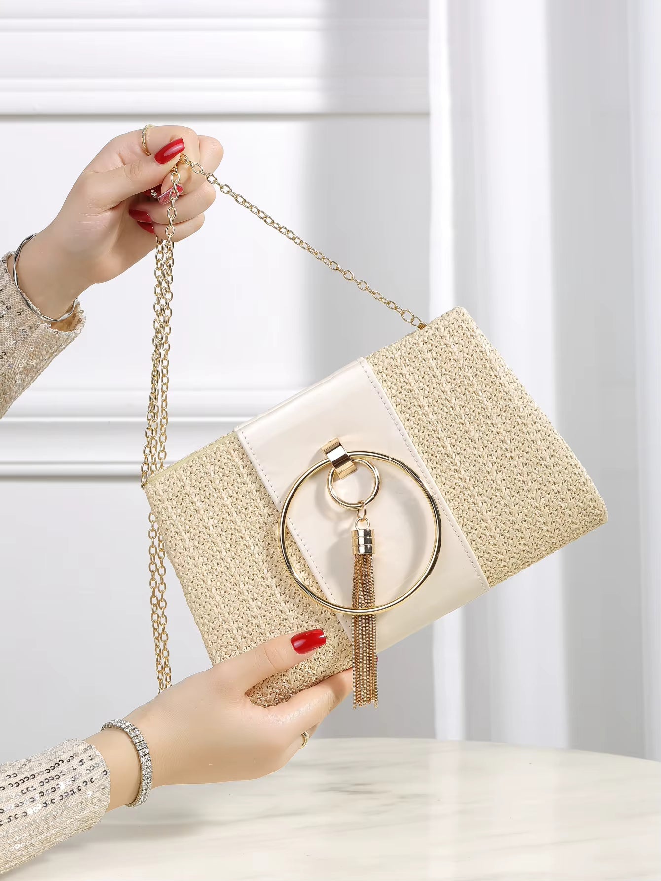 Elegant Bohemian Resort Woven Large Capacity Square Straw Evening Clutch Bag Mssza