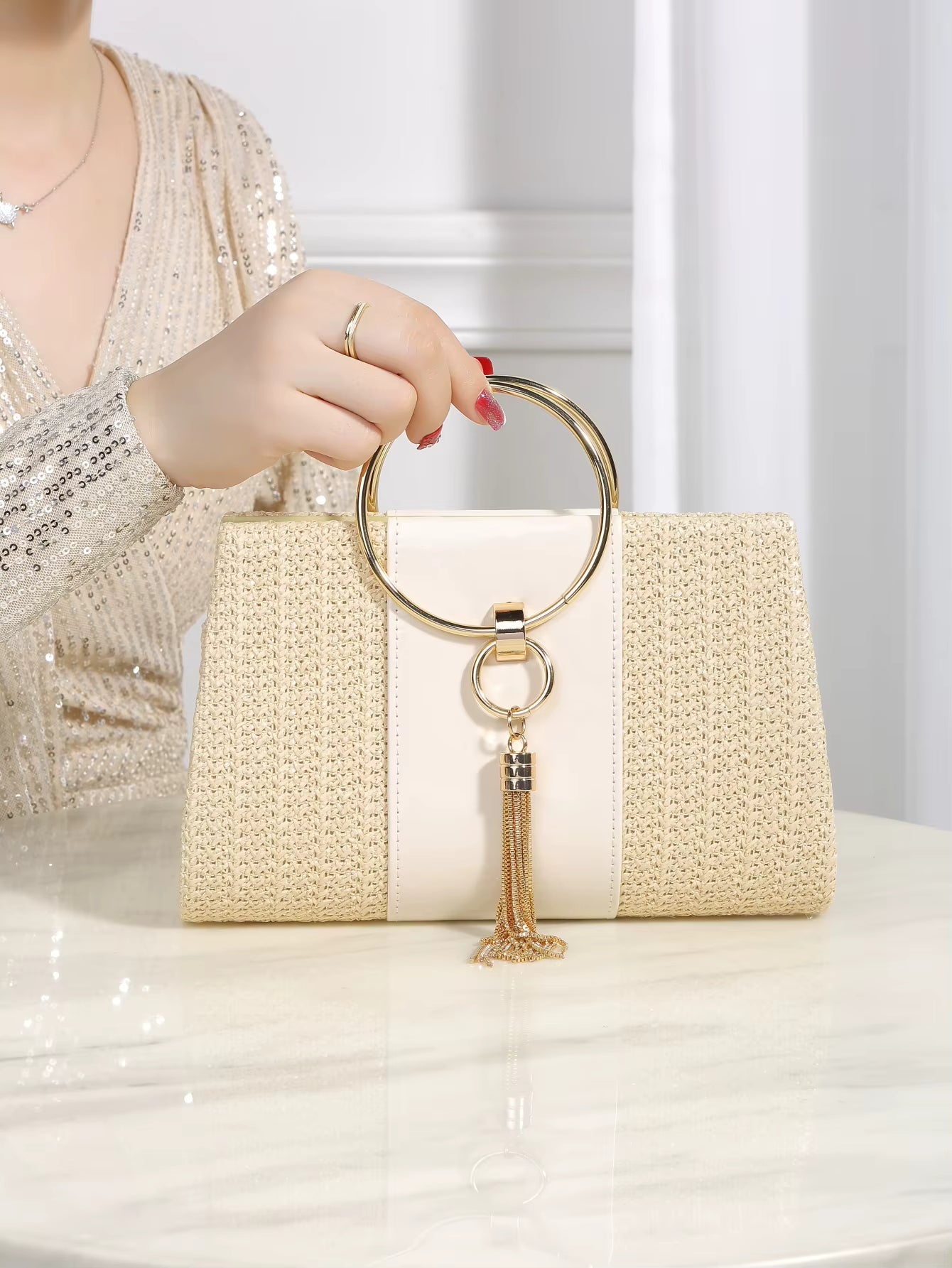 Elegant Bohemian Resort Woven Large Capacity Square Straw Evening Clutch Bag Mssza