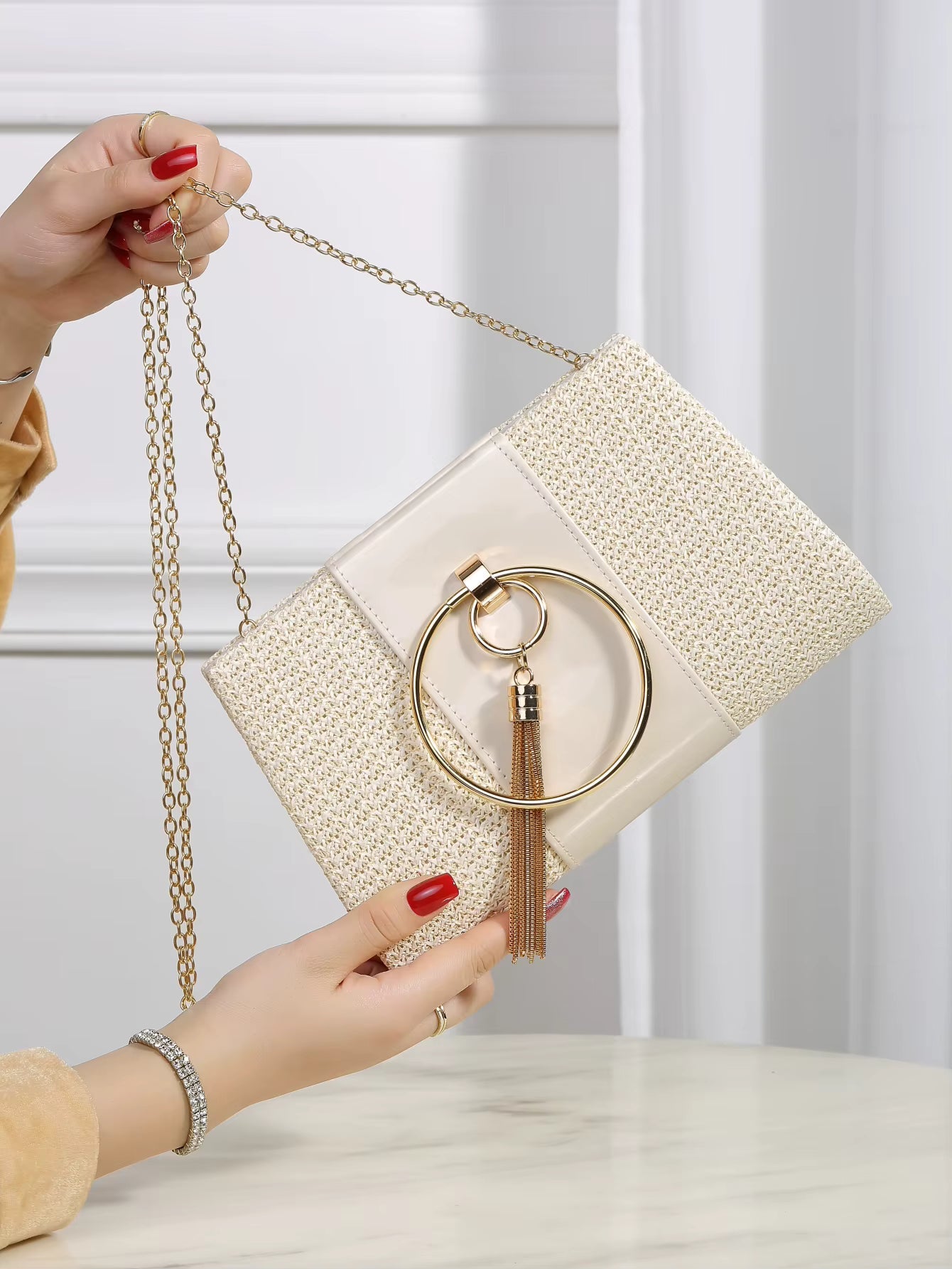 Elegant Bohemian Resort Woven Large Capacity Square Straw Evening Clutch Bag Mssza
