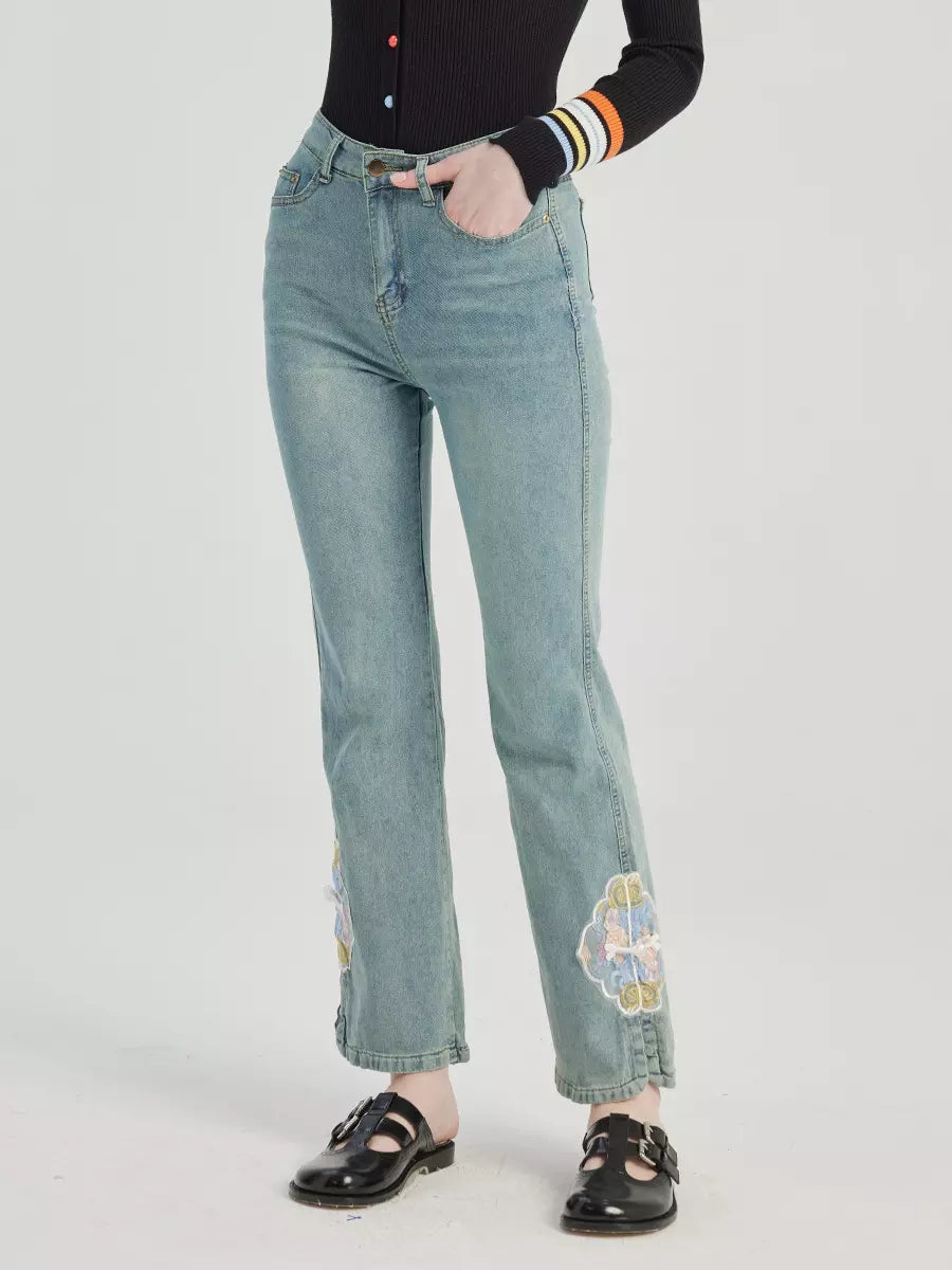 Elegant Bootcut Embroidery Solid Color Cropped Pants Mssza