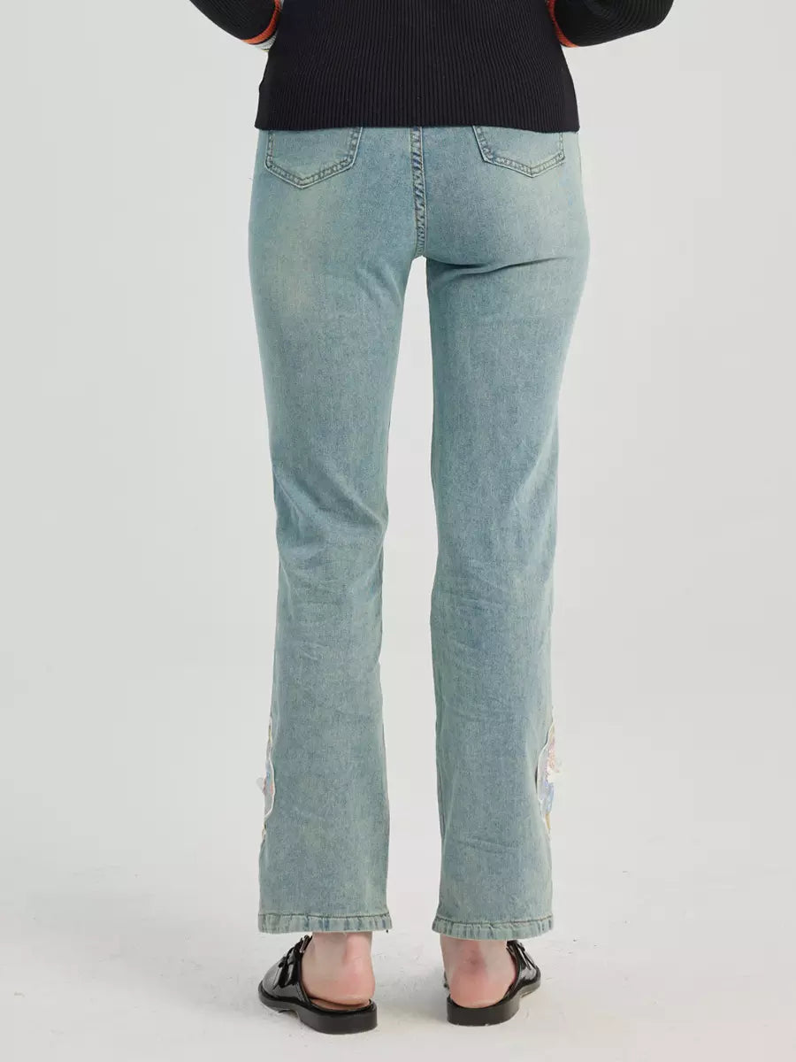 Elegant Bootcut Embroidery Solid Color Cropped Pants Mssza